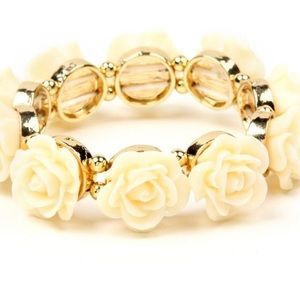 Goldtone And Ivory Rose Stretch Bracelet